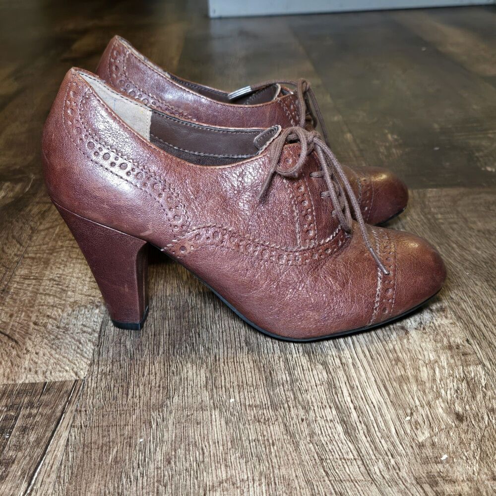 Me Too Olivia 4 Oxford Heels Women's 6 Brown Leather Lace Up Brogue Block Heel